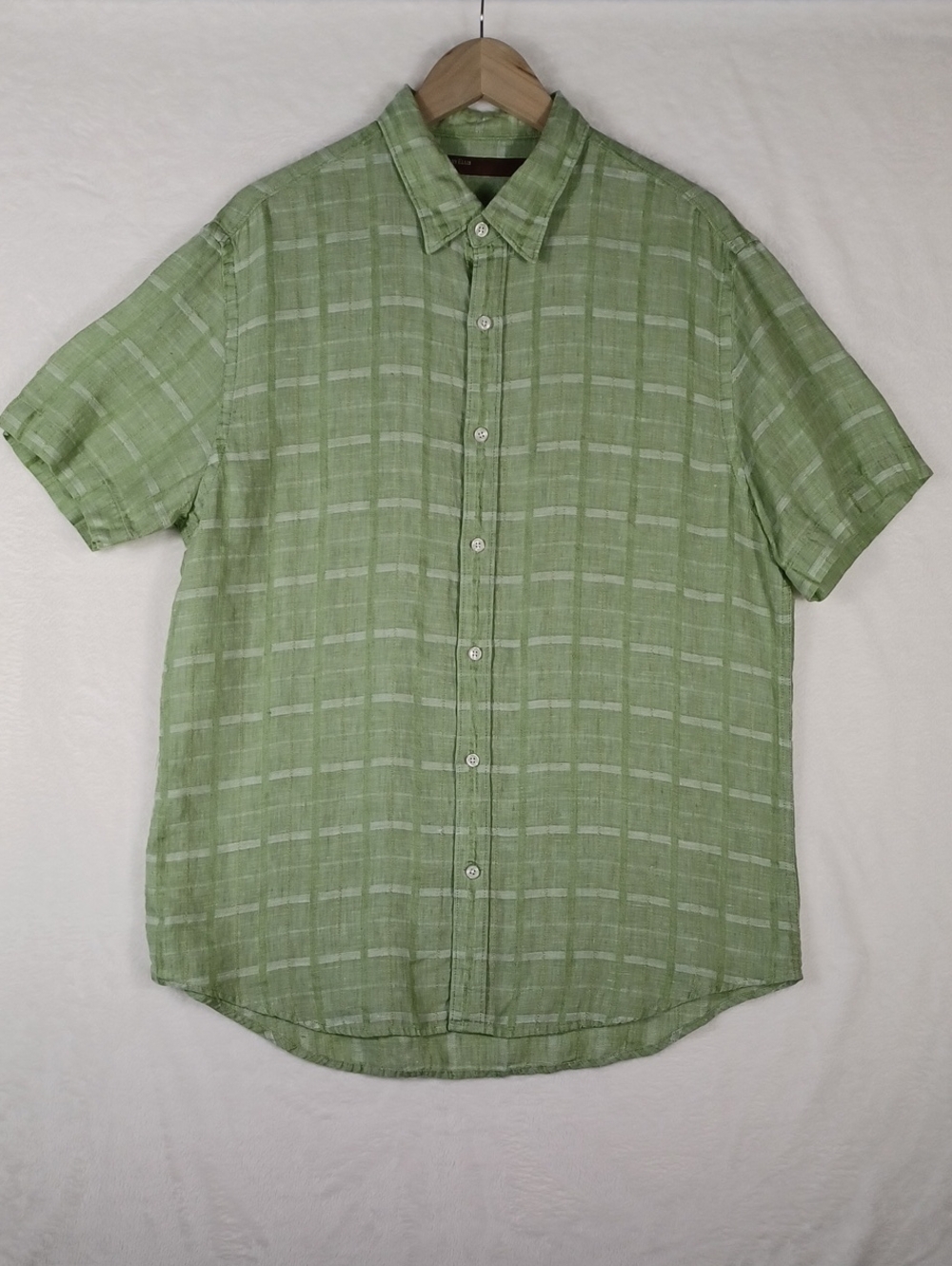 Perry Ellis Green Casual Linen Button-Down Short Sleeve Shirt.